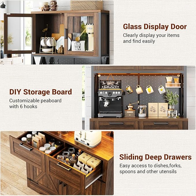 Unikito 71" Pantry Cabinet with LED Light & Outlet, Tall Kitchen Pantry Storage Cabinet with Microwave Stand, DIY Pegboard, Drawers and Adjustable shelf, Kitchen Hutch for Dining Room, Weathered Brown