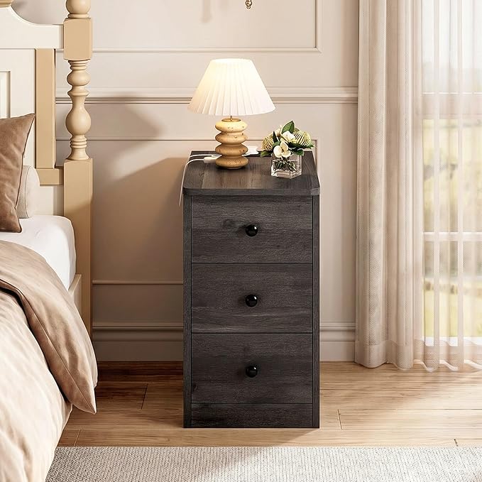 LIKIMIO Nightstand with Charging Station, Narrow Bedside Table with 3 Drawers, End Table with USB Ports and Outlets, Side Table for Living Room/Bedroom Modern, Charcoal Grey