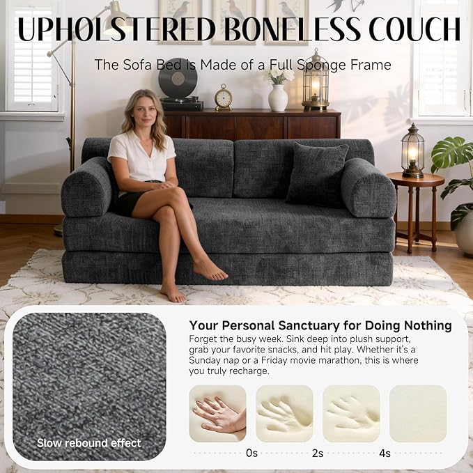 78.8" Convertible Sofa Bed with Detachable Arm Pillow, 6-in-1 Sectional Couches for Living Room, Corduroy Boneless Couch, Sleeper Loveseat Couch Bed, No Assembly, Speckled Black Couch