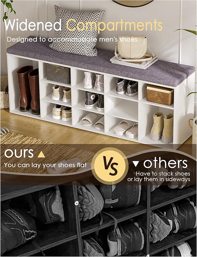 DINZI LVJ Shoe Storage Bench with Cushion, 13-Cubby Shoe Rack, Adjustable Shelves, Multifunctional Shoe Organizer Bench for Entryway, Mudroom, Hallway, Living Room, Bedroom and Garage, White