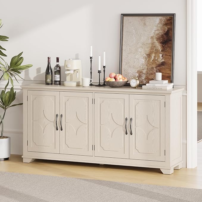 ONBRILL 63 Inch Buffet Cabinet with Storage, Large Sideboard Cabinet with 4 Carved Doors, Modern Credenza Storage Cabinets w/Adjustable Shelves for Kitchen, Living Room, Off White