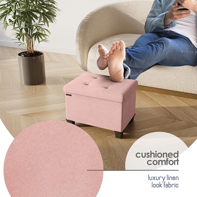 Storage Ottoman Cube with Small Bin, 16-in Square Ottoman with Storage for Living Room and Bedroom, Small Ottomans Foot Rest, Fabric Foot Stools Ottomans Max 330lbs, Pink