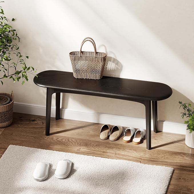DONGMUWUEJEE 100% Solid Wood Dining Bench, Wood Bench for End of Bed with Rounded Corners, Entryway Benches for Farmhouse, Kitchen, Living Room and Plant Stand (Black, 39.4" D x 11.8" W x 19.7" H)
