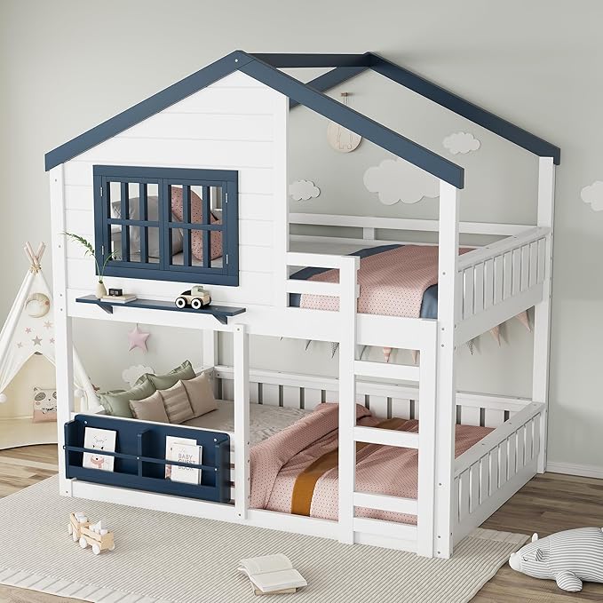 Full Size House Bunk Bed Frame with Storage Bookshelf, Window, Wooden Floor Bunk Bed with Fences, Space Saving for Kids Adults, No Noise, White