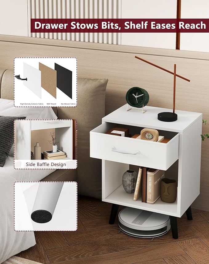 YMYNY Nightstand Set of 2, Bedside Table, Side Table with Fabric Drawer, Handle and Open Compartment, Solid Wood Legs, Wooden Coffee Table for Bedroom, White UHST020W-2
