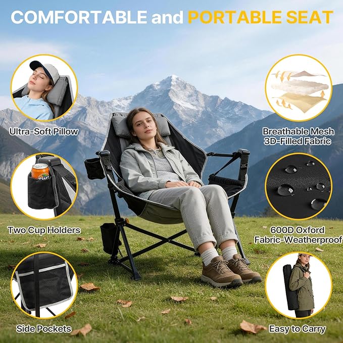 ZENPETIO Hammock Camping Chair with Footrest, Oversized Portable Folding Camp Chairs for Adults, Heavy Duty Outdoor Rocking Camp Chair with Cup Holder & Pillow for Beach, Patio, Lawn, 500 LBS