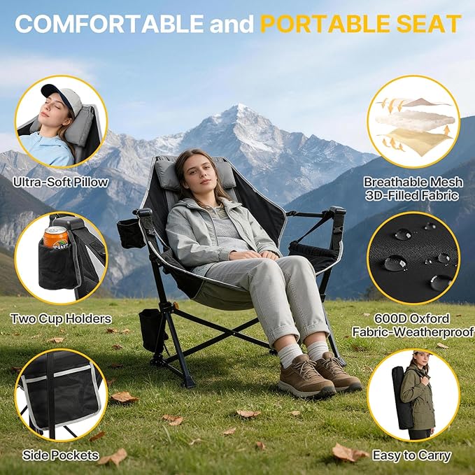 ZENPETIO Hammock Camping Chair with Footrest, Heavy Duty Swinging Rocking Camping Chairs for Adults Portable Folding Camp Chairs Oversized Rocker with Cup Holder & Pillow for Patio Beach, 500 LBS