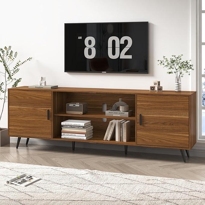 80 Inch Mid Century Modern TV Stand for 75 Inch TV, Wood TV Stand with Storage, Entertainment Center for Living Room Bedroom, TV Media Console, Walnut