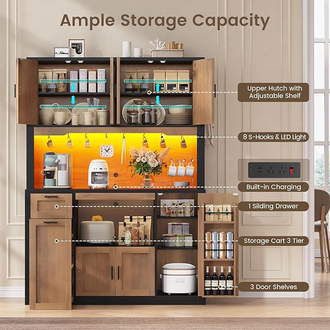 Itaar 71" Pantry Cabinet with Charging Station and LED Light, Kitchen Pantry Cabinet with Microwave Stand, 47.2" Wide Kitchen Storage Cabinets with Storage Cart 3 Tier for Dining Room,Brown