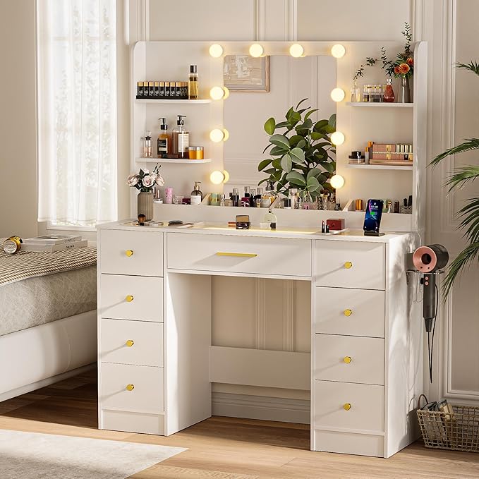 LAKEMID Vanity Desk with Mirror and Led Lights, Glass Top Makeup Table with 9 Drawers & Power Outlet,3 Lighting Modes & Adjustable Brightness,White Vanity Dressing Table for Women Girls Bedroom