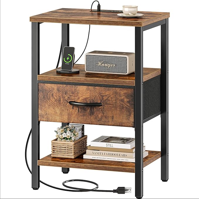 SUPERJARE Nightstand with Charging Station, Bed Side Table with Adjustable Fabric Drawer, Night Stand for Bedroom, 3-Tier Storage End Table, for Living Room, Rustic Brown
