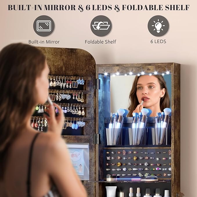 Vlsrka 6 LEDs Mirror Jewelry Cabinet Door Hanging, 47.2" Wall Mounted Jewelry Cabinet, Lockable Full Length Mirror with Storage, Rounded Corner Mirror Jewelry Organizer, 2 Drawers, Rustic Brown