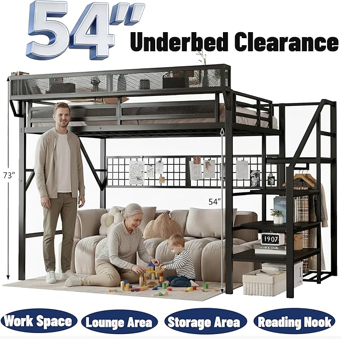Full Size Loft Bed with Stairs and LED Light, Metal Loft Bed Frame with Shelf for Adults, Tall Loft Beds with Storage Shelves and Wardrobe for Kids Boys Girls Teens, Convertible Staircase, Black