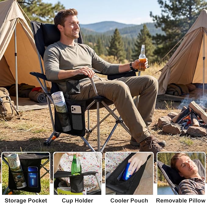 Romswi 2Pack 4-Position Reclining Camping Chair with Removable Footrest, 2-in-1 Adjustable Portable Lounge Chair with Cooler Bag, Cup Holder, Side Pockets & Carry Bag for Outdoor, Mesh Black
