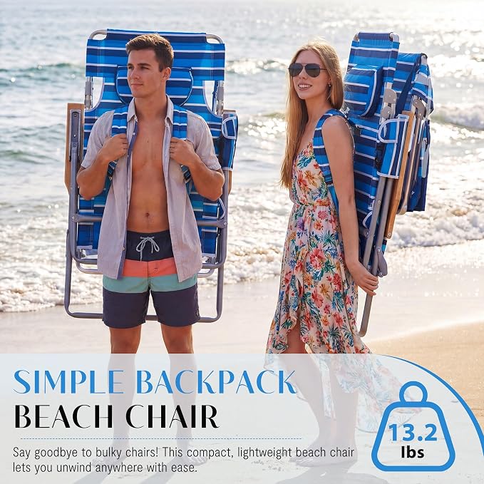 5-Positon Backpack Beach Chair, Portable Folding Tanning Chair, Double Shoulder Straps Beach Lounge Chair with Footrest, Face Hole, Towel Bar (Blue White, 60.6" with Canopy (Set of 2))