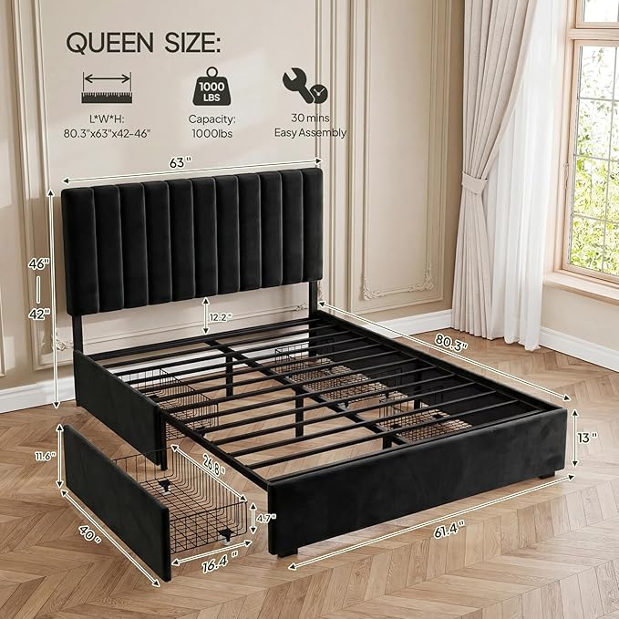 Welzona Bed Frame Full Size with Storage and Headboard, Velvet Upholstered Metal Platform Bed with Vertical Channel Tufted Headboard, 3-Level Height, 4 Storage Drawers, Noise Free Easy Assembly, Black