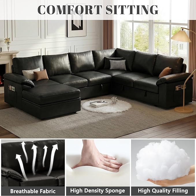 108 Inch Faux Leather Modular Sectional Sofa with Pull Out Bed,U Shaped 7 Seat Sectional Sleeper Sofa with Storage,Sectional Couches for Living Room,Cloud Modular Couch,Black Leather