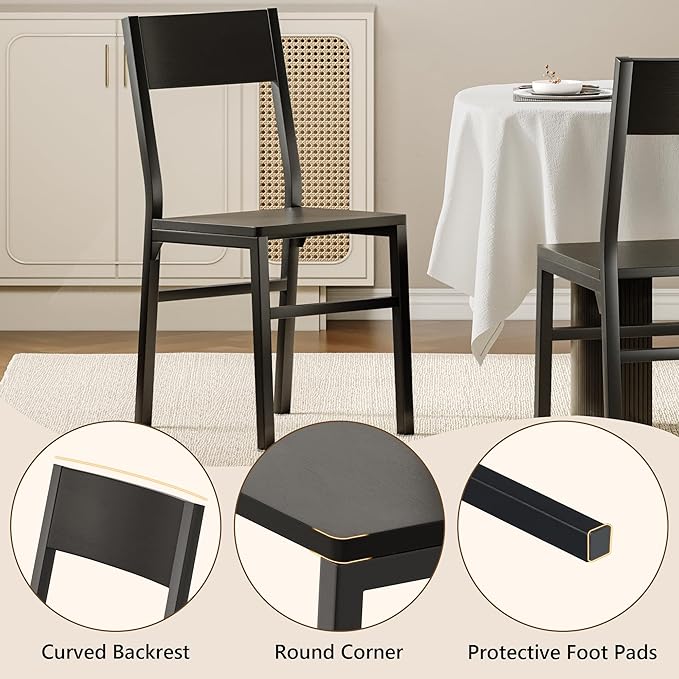 Feonase Dining Chairs and Benches Set of 4, Modern Dining Room Chairs with Ergonomic Backrest, Wood Structure & Metal Legs, for Kitchen, Dining Room, Space-Saving, Easy to Assemble & Clean, Black