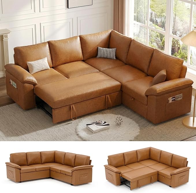 85 Inch Faux Leather Modular Sectional Sofa with Pull Out Bed, L Shaped 5 Seat Sectional Sleeper Sofa with Storage, Sectional Couches for Living Room, Cloud Modular Couch,Brown Leather
