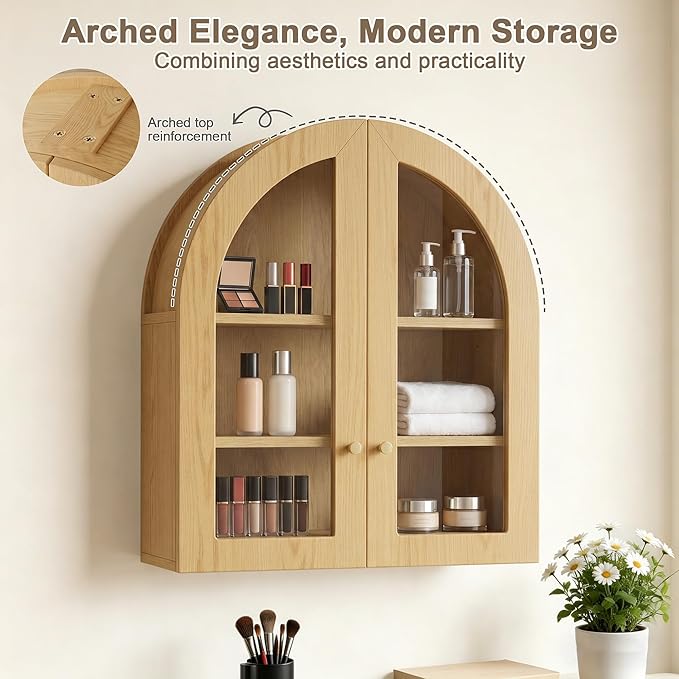 Arched Wall Cabinet, Bathroom Cabinet Wall Mount with Glass Doors & Adjustable Shelf, Floating Medicine Cabinet for Bathroom, Kitchen, Living Room Storage, Oak
