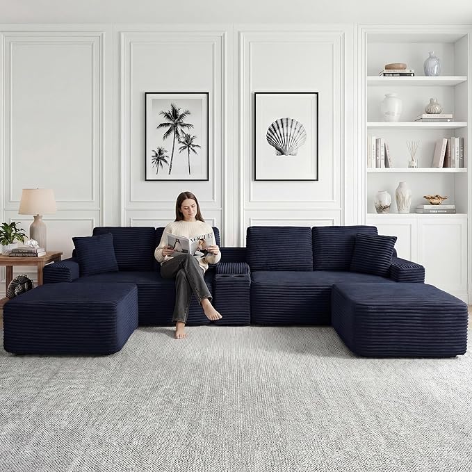 125 Inch Modular Sectional Sofa, Modern Oversized Corduroy Cloud Couch with 2 Ottomans, Cup Holders and USB Ports, U Shape Couch Boneless Couches for Living Room, No Assembly Required, Blue