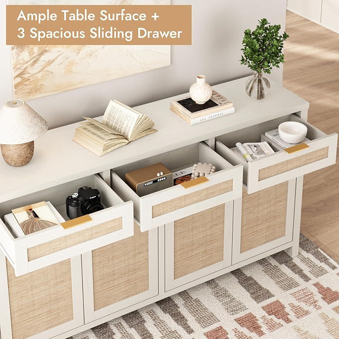 HOKYHOKY Rattan Sideboard Buffet Cabinet, Boho Storage Cabinet with Adjustable Shelves, Farmhouse Credenza Coffee Bar Cabinets with 4 Doors & 3 Drawers for Living Room, Hallway & Kitchen