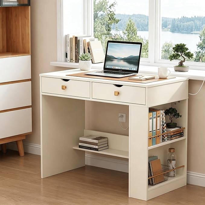 Vanity Desk with Flip Top Mirror,White Makeup Vanity Table with 3 Color Light and Brightness Adjustable, Side Organizer Small Vanity with Storage Compartment, Writing Desk for Bedroom