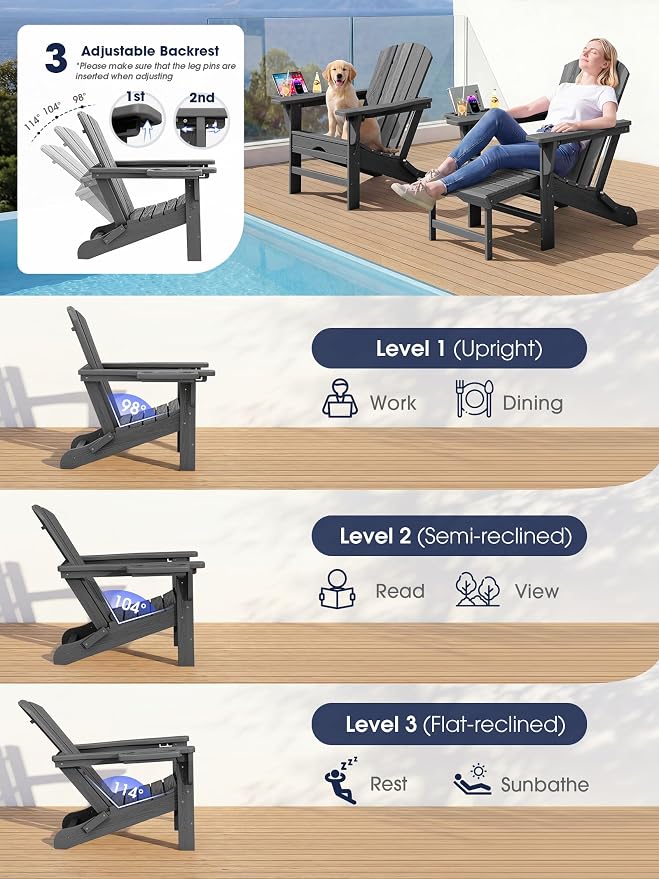 KINGYES Adjustable Folding Adirondack Chair with Footrest & 4-in-1 Multi-Functional Holder, HDPE Recliner Adirondack Chair with Pull-Out Ottoman, Gray