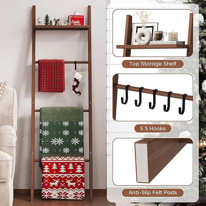 63" Bamboo Blanket Ladder with Shelf and 5 Hooks, 4 Tier Leaning Blanket Rack, Farmhouse Towel Ladder Rack, Decorative Quilt Rack Holder for Living Room Bedroom Bathroom, Walnut