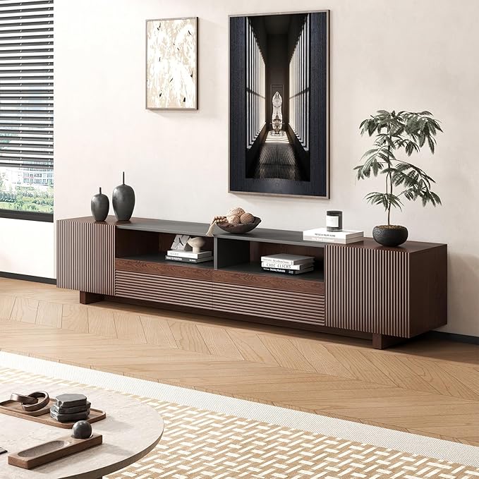 Epecoya 78.8 Inch TV Stand with Storage Cabinets for Living Room, TVs Media Console Entertainment Center with Drawers, Wood Fluted Television Stands with Open Shelves for Bedroom, Dark Brown Walnut