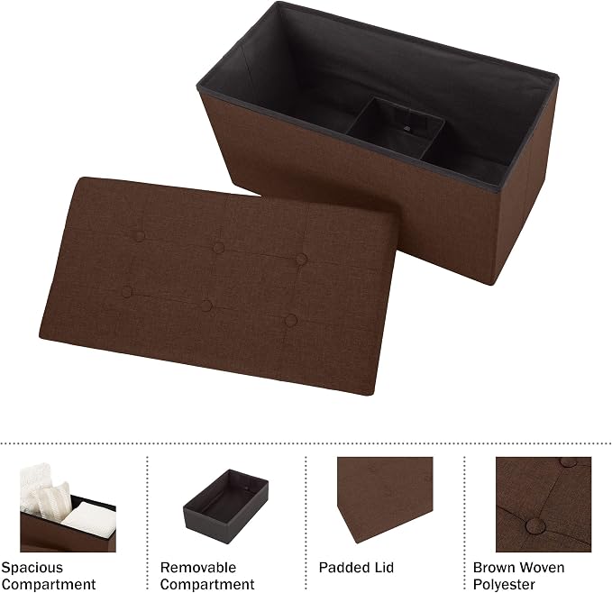 Lavish Home Folding Storage Ottoman - Set of 2 30-Inch Tufted Footrest, Linen Chest, or Bench with Removable Bin for Living Room, Bedroom, or Dorm (Brown)