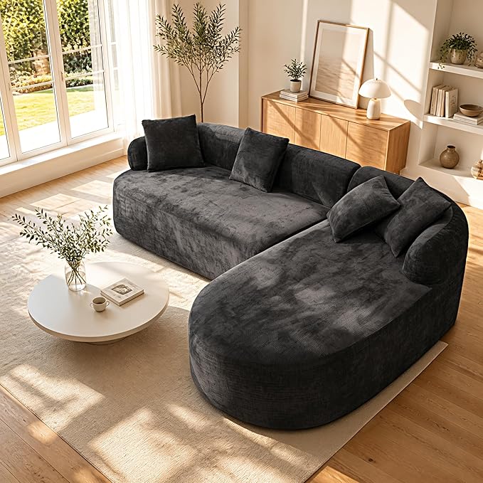 99" Curved Sectional Sofa with Chaise, Modern Boneless Couch with Deep Seat, L Shaped 3-Seater Cloud Couch for Living Room, No Assembly Needed, Chenille (Black, Right Chaise+Left Sofa)