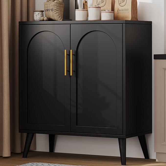 Keehusux 15.7" D Black Buffet Cabinet with Storage, Accent Buffet Sideboard with Adjustable Shelf and Solid Wood Legs, Modern Floor Storage Cabinet for Kitchen, Living Room, Black