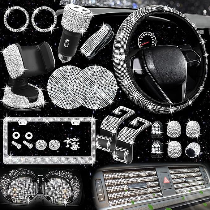 NBTEPEM 27 PCs Bling Car Accessories Set for Women, Steering Wheel Covers Universal Fit 15 Inch, Bling License Plate Frame, Bling Phone Holder, Bling Car Coasters (Silver Diamond)