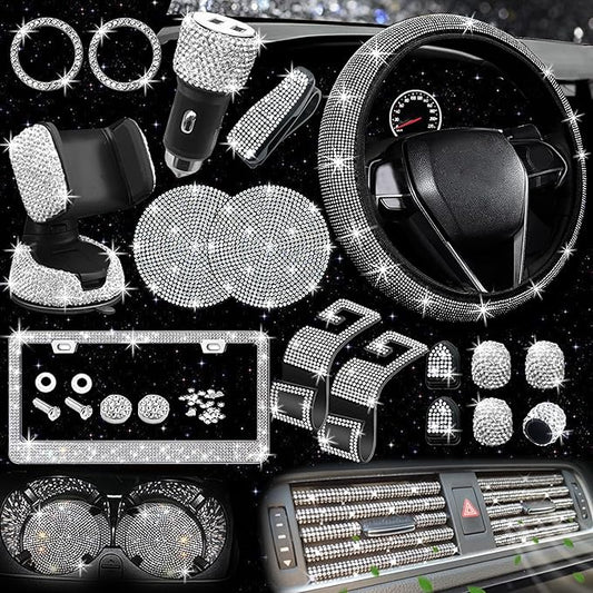 NBTEPEM 27 PCs Bling Car Accessories Set for Women, Steering Wheel Covers Universal Fit 15 Inch, Bling License Plate Frame, Bling Phone Holder, Bling Car Coasters (Silver Diamond)