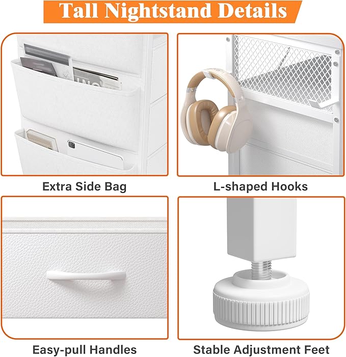 EnHomee Tall Nightstand Set of 2, Bedside Table with Charging Station and LED Light, Night Stand with Extra Side Bag & Hooks, Bedroom, Closet, Hallway, Entryway, White