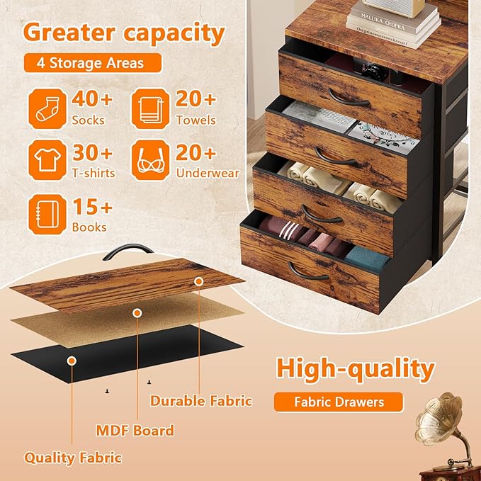 Furnulem Night Stand with Charger Station, 38'' Tall Nightstand with 4 Fabric Drawers and LED Lights, Bedside Table with Storage Shelf for Bedroom, Office, Metal Frame, Wood Shelves, Rustic Brown | with Charging Station