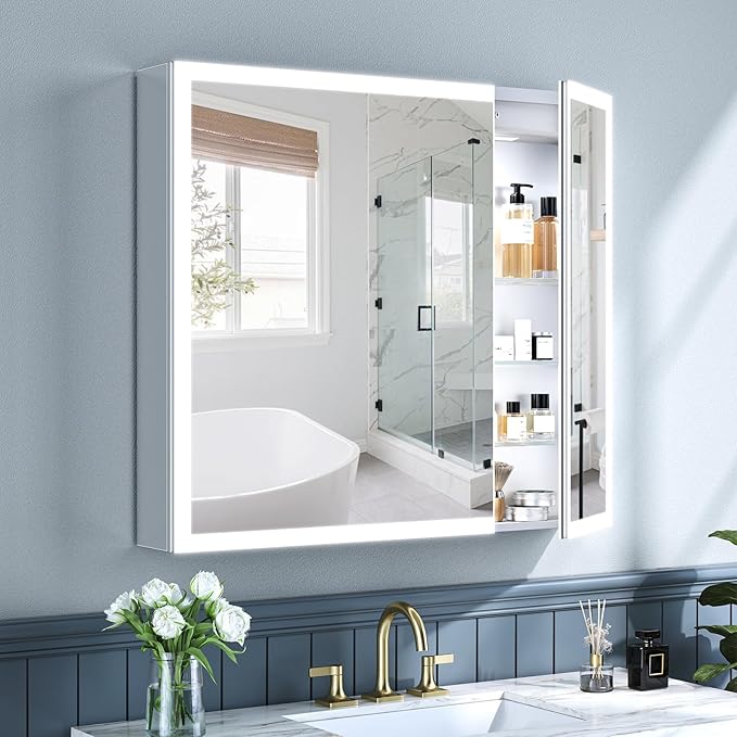 36x32 Inch Lighted Medicine Cabinet with Mirror, AL Alloy, Plug-in or Hardwired, Recessed or Wall Mount, Mirror Doors/3 Colors/Dimmable/Interior Sensor Light/Defog, 2 Outlets&USBs,3 Shelves