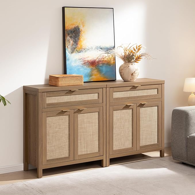 SICOTAS Sideboard Buffet Cabinet Set of 2, Rattan Credenza Storage Cabinet, Boho Buffet Table Console Cabinets with Drawer, Farmhouse Coffee Bar for Entryway Living Room, Natural Oak