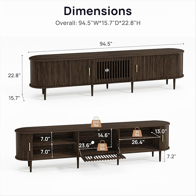 94.5" Fluted Mid Century Modern TV Stand for TVs Up to 80/85/86/90/98/100", Tambour Sliding Doors Entertainment Center with Storage&LED, Curved Media&TV Console Long TV Stands for Living Room, Walnut
