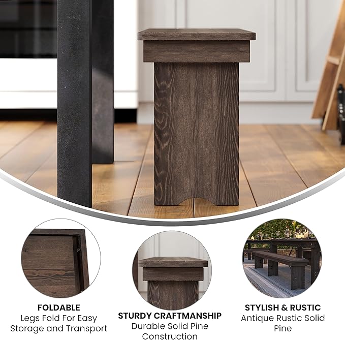 Flash Furniture HERCULES 8' x 12" Solid Pine Folding Farm Bench in Antique Rustic Mahogany