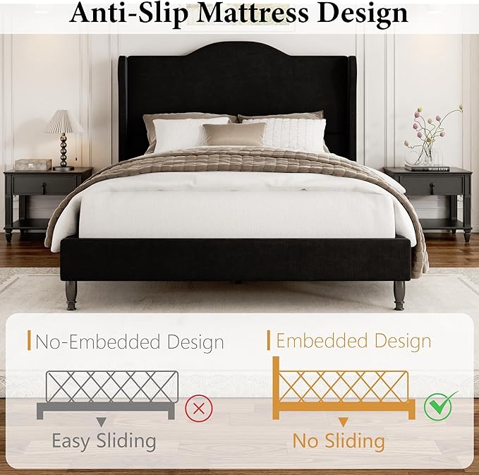 Full Size Bed Frame with Wingback Headboard, Upholstered Velvet Platform Bed Frame, Heavy Duty Wooden Slats Support, Noise-Free, No Box Spring Needed, Minimalist Style, Black