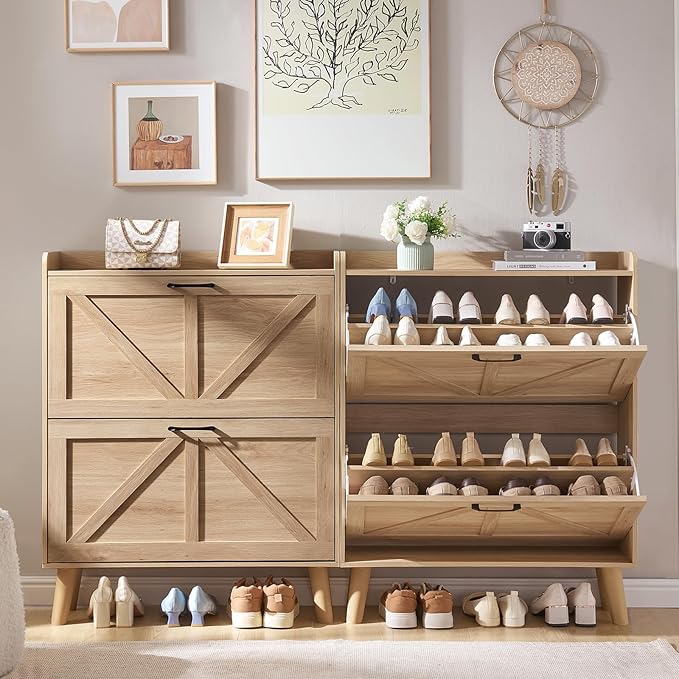LEYAOYAO Shoe Cabinet Storage for Entryway with 2 Flip Drawers Rack Narrow Organizer Slim Hidden Wood Shoe Cabinet Furniture Natural