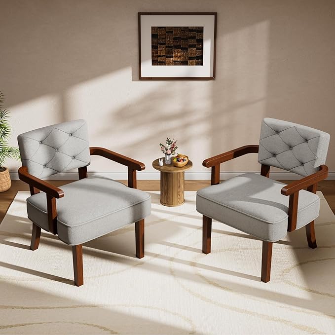 Versatile Accent Chairs Set of 2,Butacas para Sala, Modern Oversize Arm Chair, Upholstered Wooden Chairs with Arm Rest,Tufted Backrest,Cushion, for Office,Waiting/Reading/Living Room, Grey