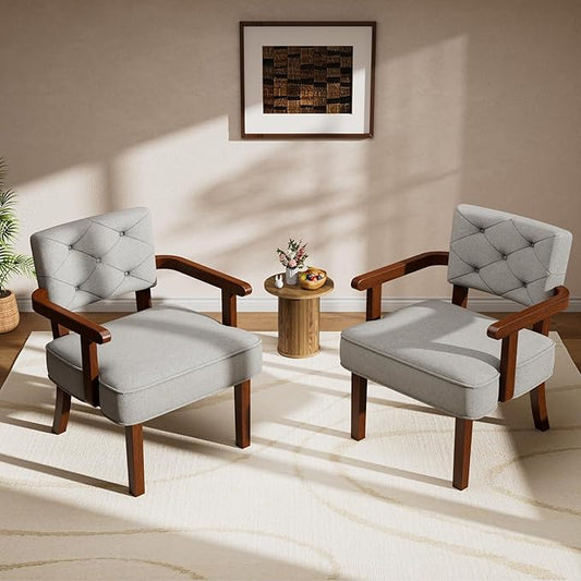 Versatile Accent Chairs Set of 2,Butacas para Sala, Modern Oversize Arm Chair, Upholstered Wooden Chairs with Arm Rest,Tufted Backrest,Cushion, for Office,Waiting/Reading/Living Room, Grey