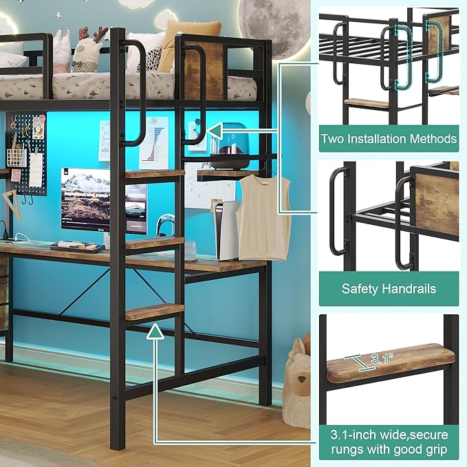 BYSAUD Twin Loft Bed with Desk and Storage, Metal Bunk Bed with 5 Drawers and 2 Pegboards, Heavy Duty Loft Bed Twin Size with LED Lights and Charging Station for Teens Adults, Noise Free, Brown