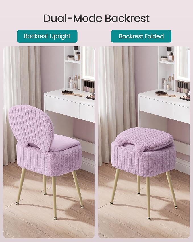 SONGMICS Small Vanity Chair with Storage and Folding Back, Vanity Stool, Footrest Footstool Ottoman, Dressing Table Stool, Furry Padded Seat, for Makeup Room, Bedroom, Light Lilac ULOM532PE01