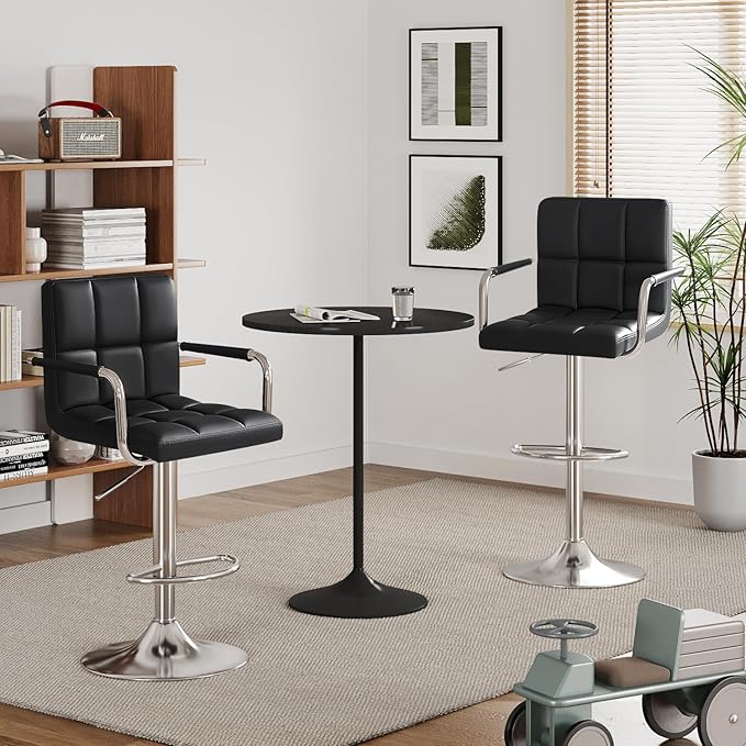 Furmax Bar Stools with Armrest Modern PU Leather Swivel Adjustable Hydraulic Bar Stool X-Large Base and Seat Square Counter Height Stool Set of 2 (Black)
