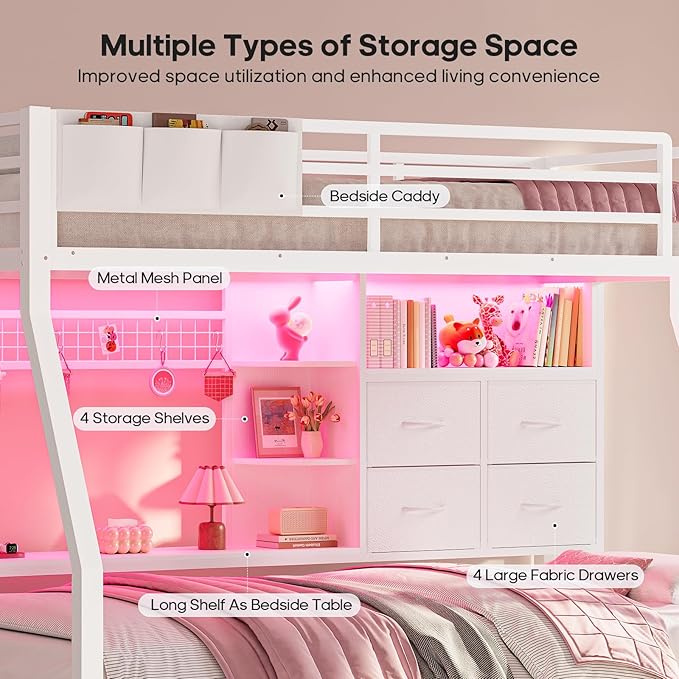 BTHFST Bunk Bed Twin Over Twin with 4 Storage Drawers & Shelves & Bedside Caddy, Twin Bunk Beds with Charging Station & LED Lights, Metal Loft Bed with Safety Guardrail & Angled Ladder for Kids, White