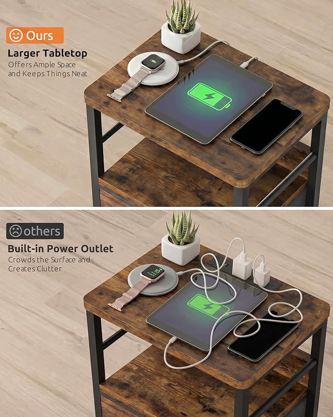 Lazzanto Nightstands Set of 2 with Charging Station, Bedside Tables with Open Shelf & Hooks, End Tables with USB-C USB-A Ports AC Outlets, Night Stand for Bedroom with Fabric Drawer, Rustic Brown